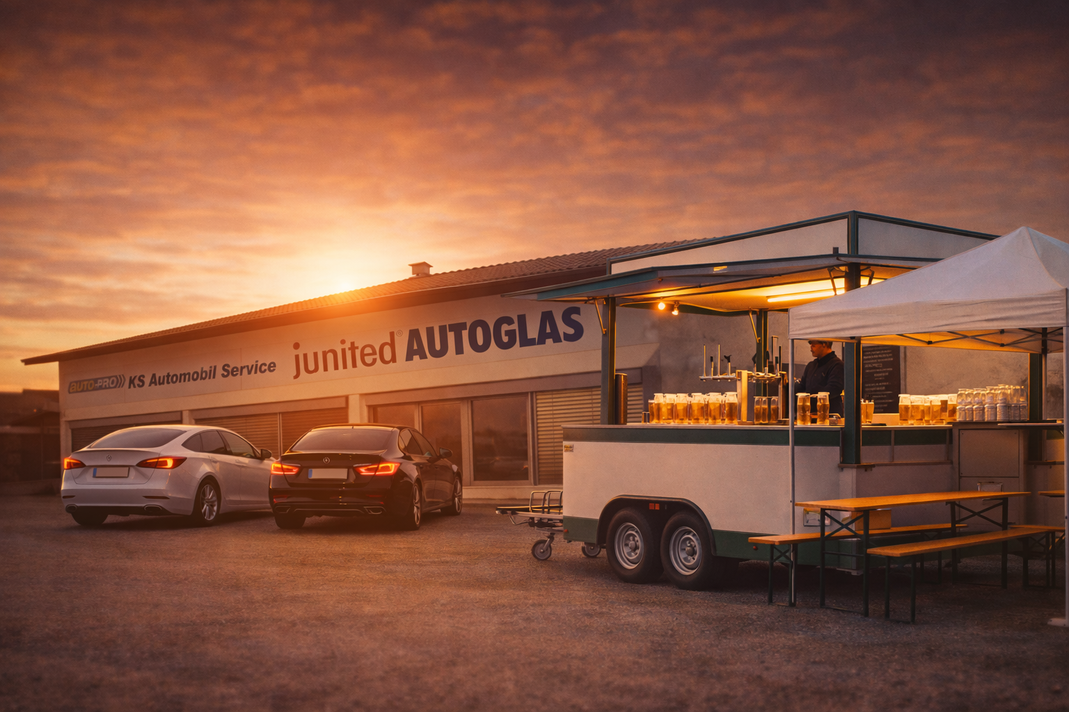 Junited AUTOGLAS Horb bei Sonnenuntergang mit Bierwagen